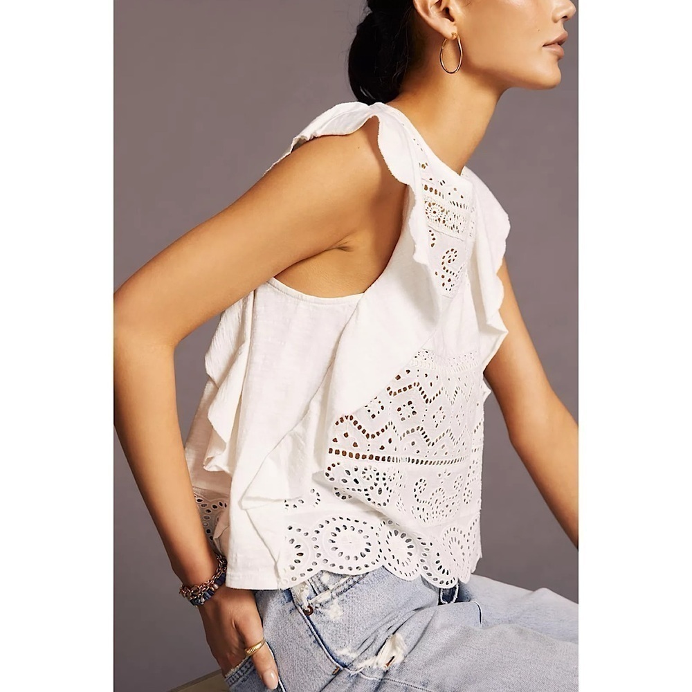 By Anthropologie Sustainable Embroidered Eyelet Lace Boho White Feminine Tank - Picture 2 of 11
